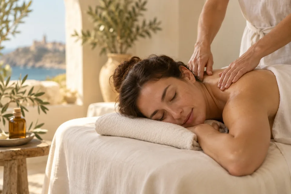 A peaceful massage moment in a warm Mediterranean setting